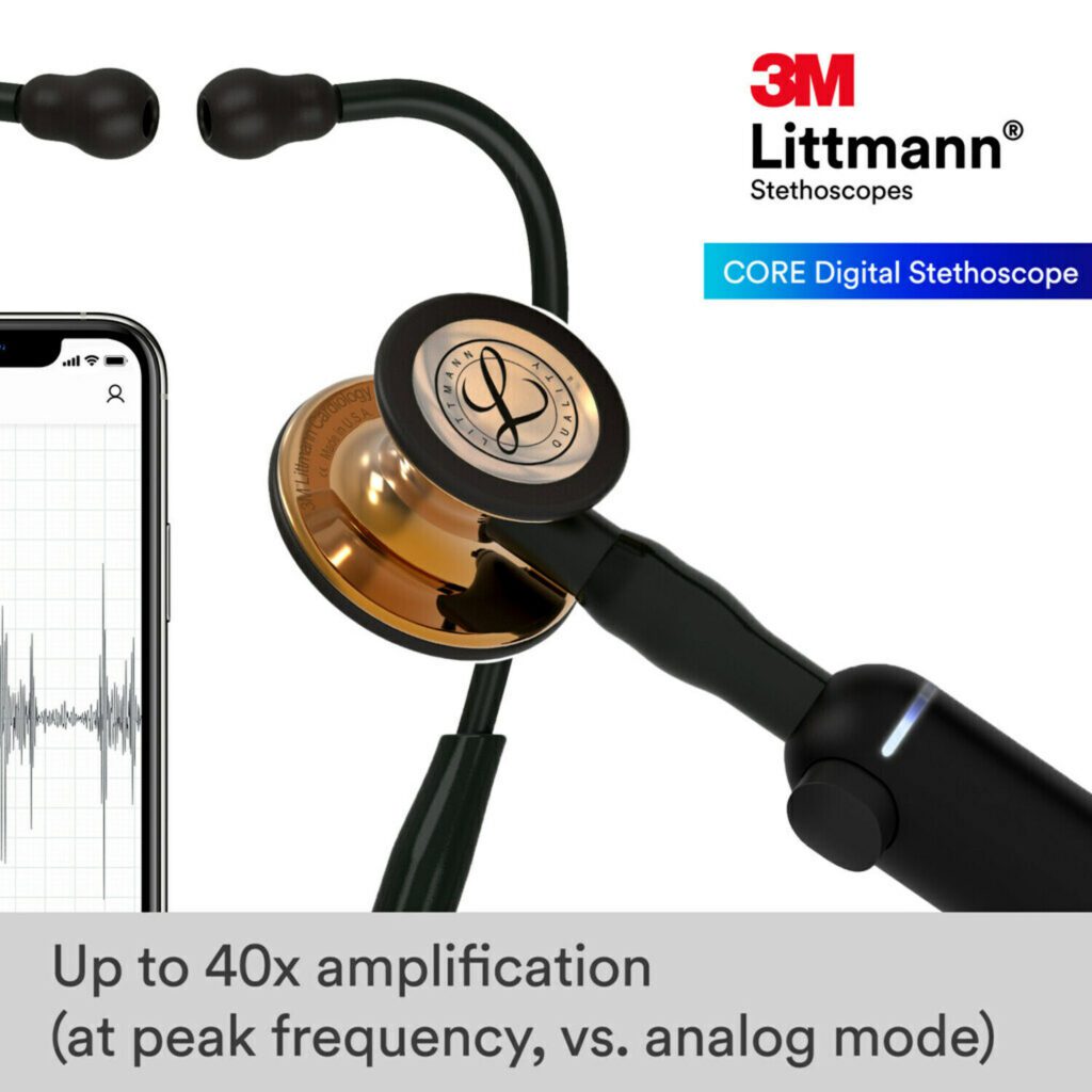 #8870 3M™ Littmann® CORE Digital Stethoscope, High Polish Copper Finish Chestpiece, Black Tube, Black Stem and Black Headset, 27 inch