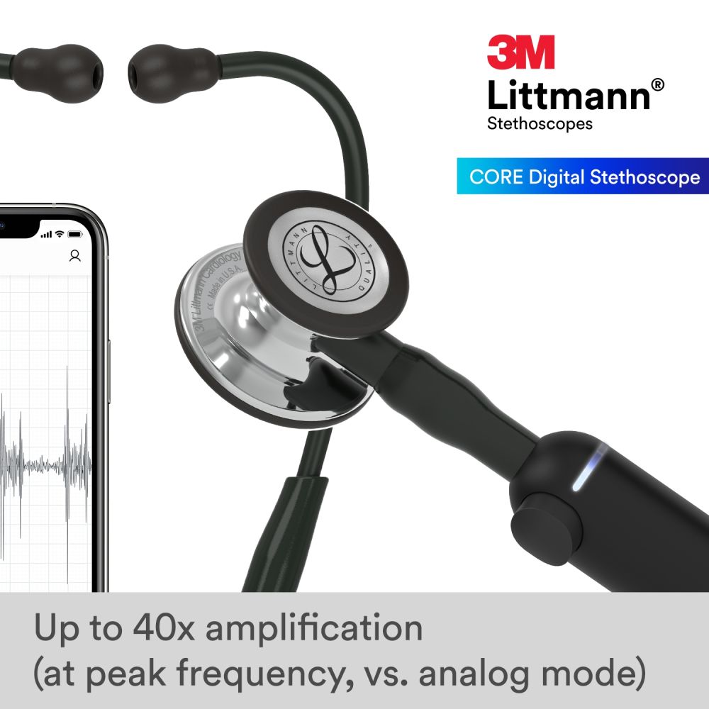 #8890 3M™ Littmann® CORE Digital Stethoscope, Mirror Finish Chestpiece, Black Tube, Black Stem and Black Headset, 27 inch