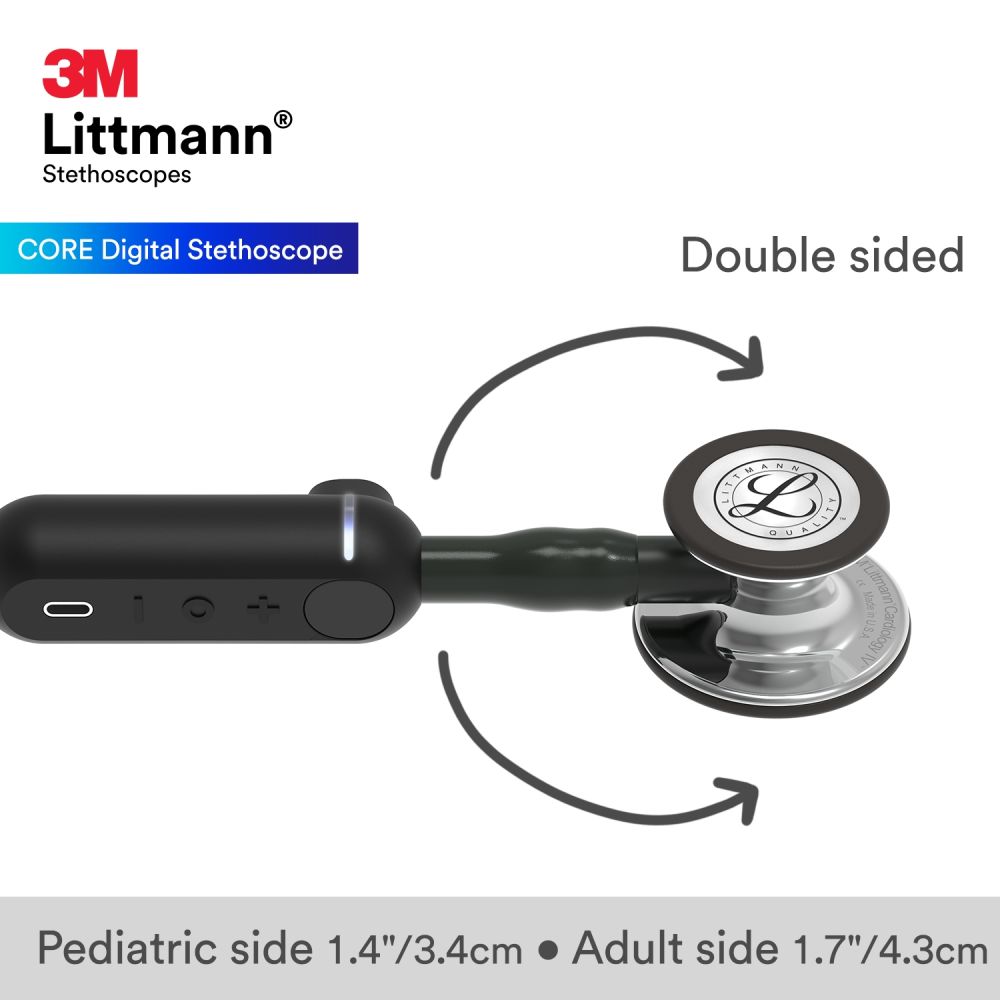 #8890 3M™ Littmann® CORE Digital Stethoscope, Mirror Finish Chestpiece, Black Tube, Black Stem and Black Headset, 27 inch