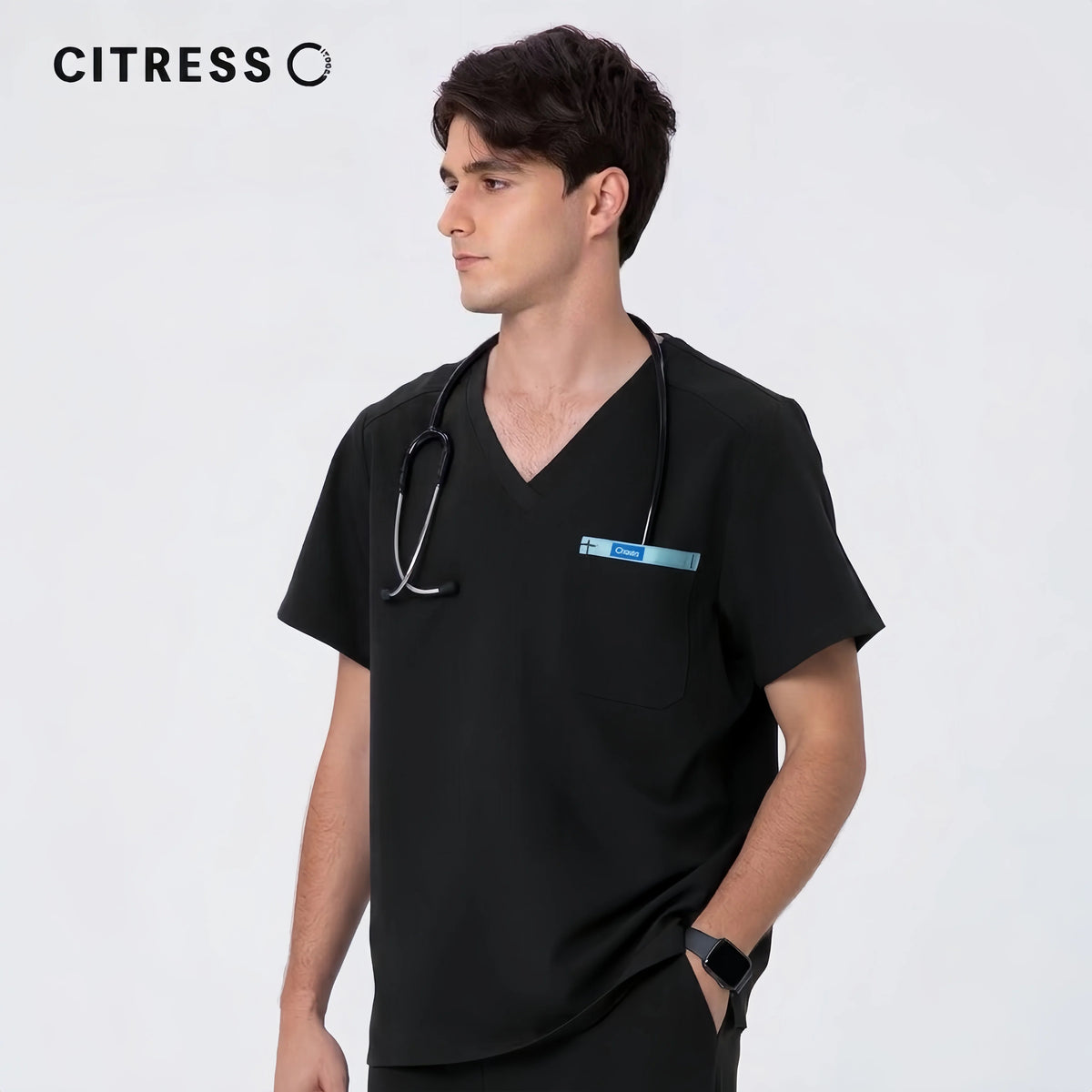 Men's V-Neck Black Scrub Top — Premium Stretch & Wrinkle-Resistant Fabric