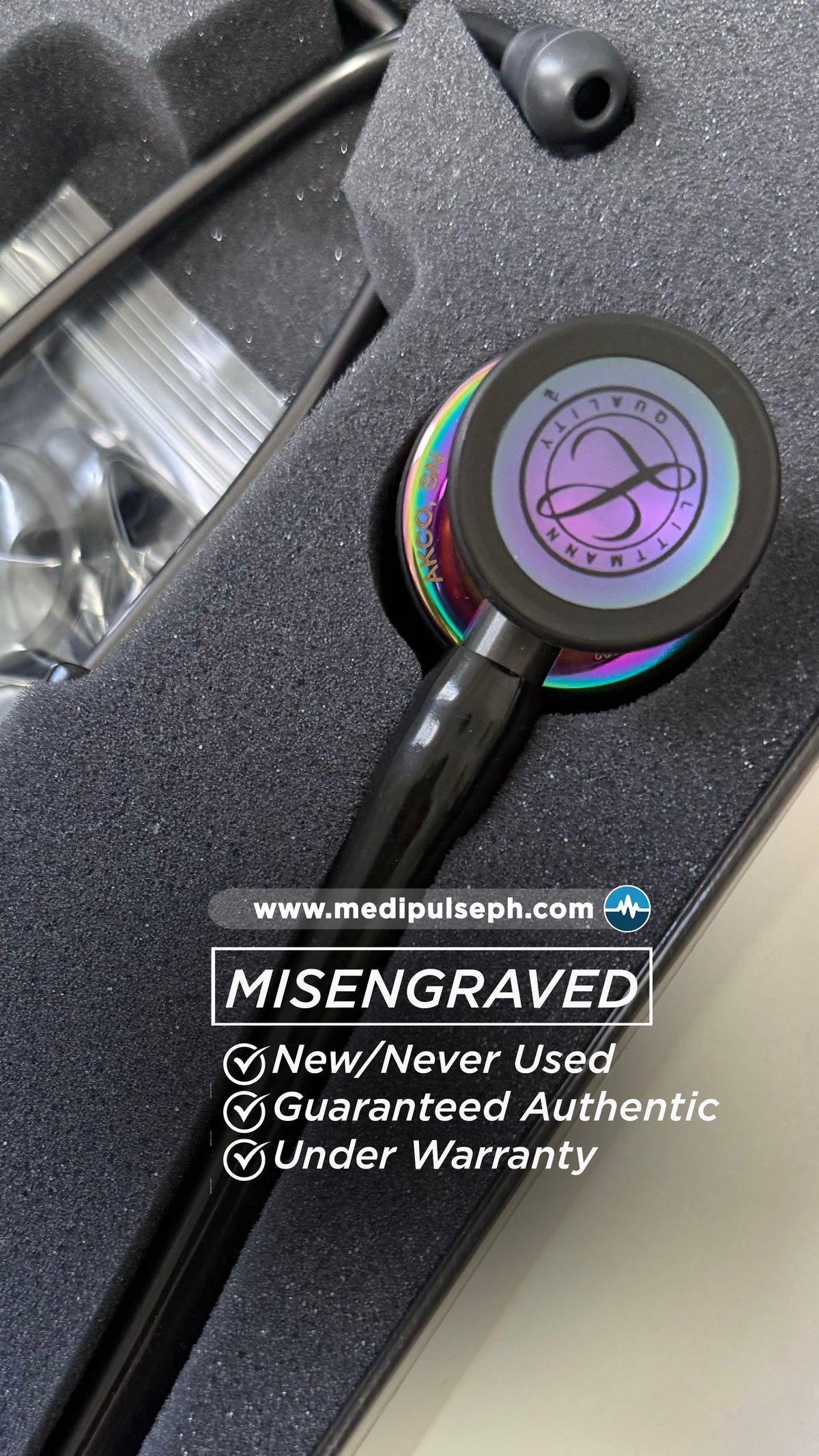 MISENGRAVED- BRANDNEW #6240 3M™ Littmann® Cardiology IV™ Diagnostic Stethoscope, High Polish Rainbow Chestpiece, Black Tube, Smoke Stem and Smoke Headset, 27 inch