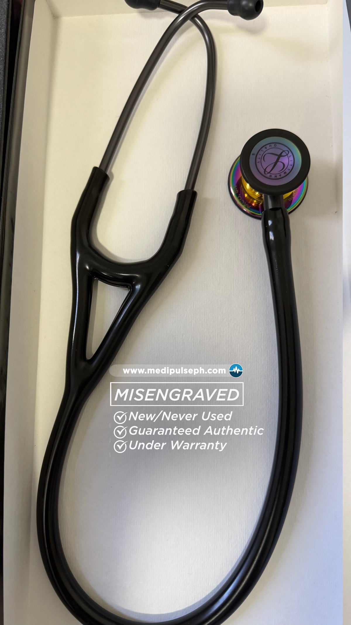 MISENGRAVED- BRANDNEW #6240 3M™ Littmann® Cardiology IV™ Diagnostic Stethoscope, High Polish Rainbow Chestpiece, Black Tube, Smoke Stem and Smoke Headset, 27 inch