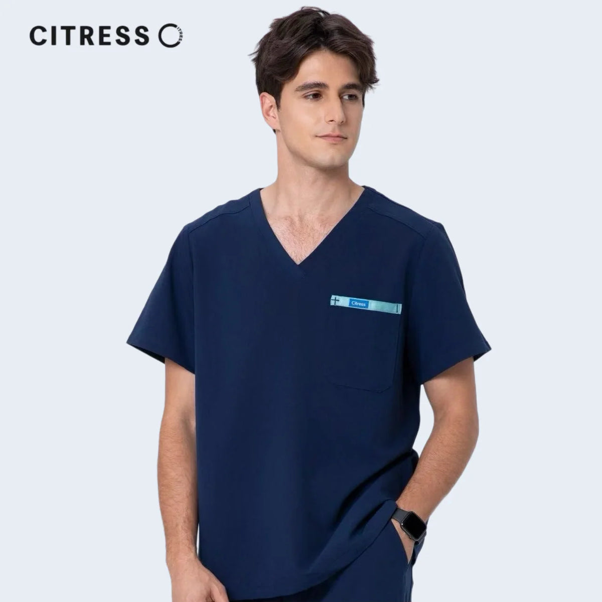 Men's V-Neck Navy Scrub Top — Premium Stretch & Wrinkle-Resistant Fabric