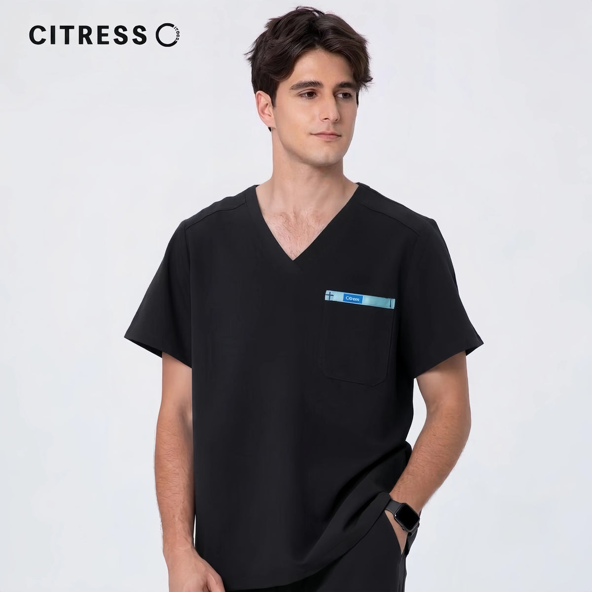 Men's V-Neck Black Scrub Top — Premium Stretch & Wrinkle-Resistant Fabric