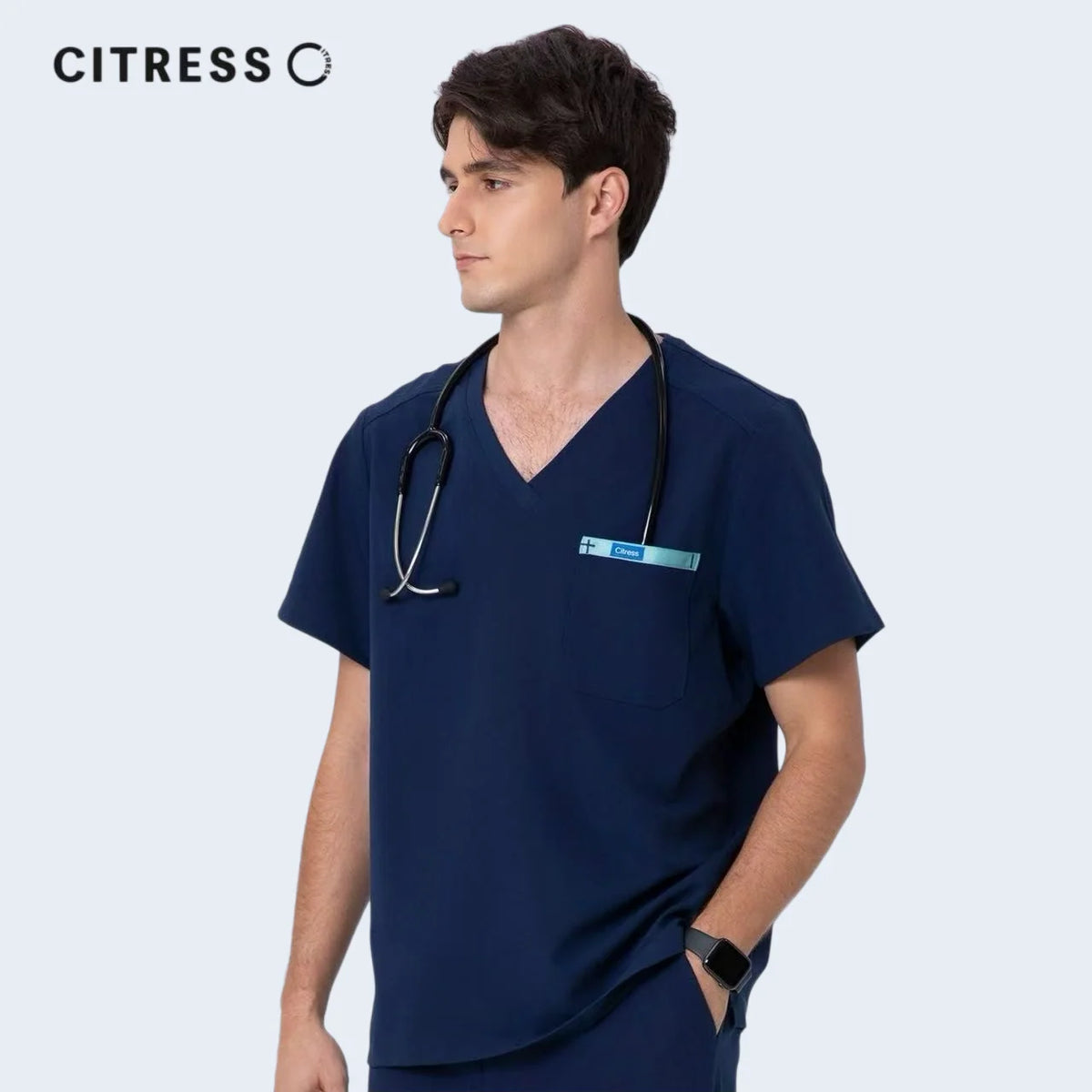 Men's V-Neck Navy Scrub Top — Premium Stretch & Wrinkle-Resistant Fabric