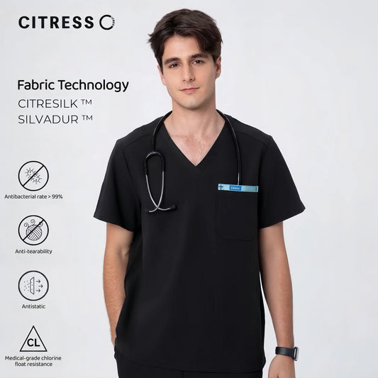 Men's V-Neck Black Scrub Top — Premium Stretch & Wrinkle-Resistant Fabric