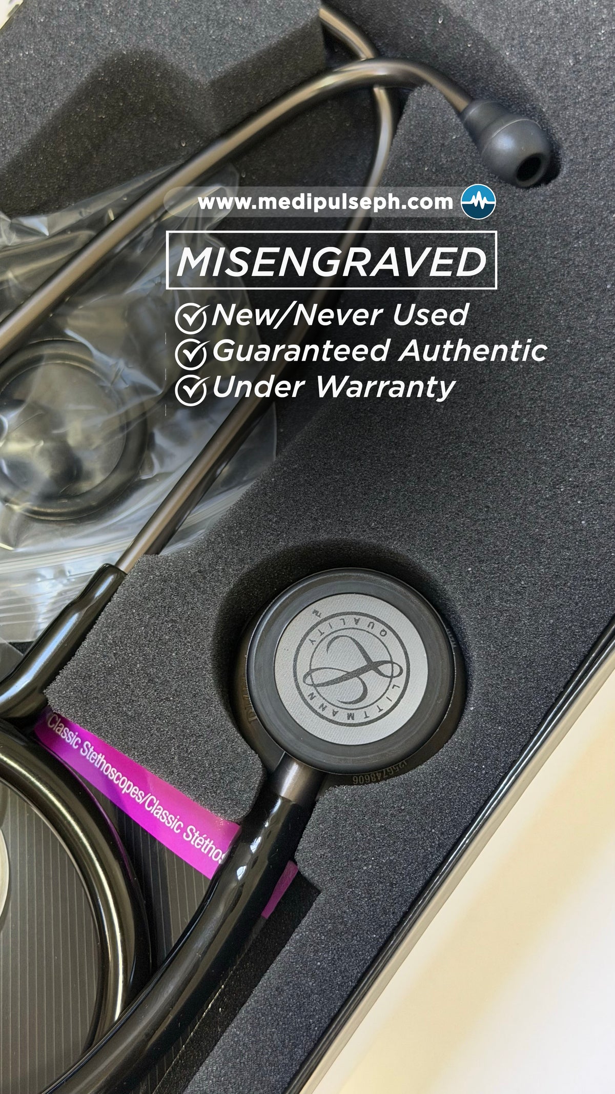 MISENGRAVED- BRANDNEW #5811 3M™ Littmann® Classic III™ Monitoring Stethoscope, Smoke-Finish, Black Tube, 27 inch