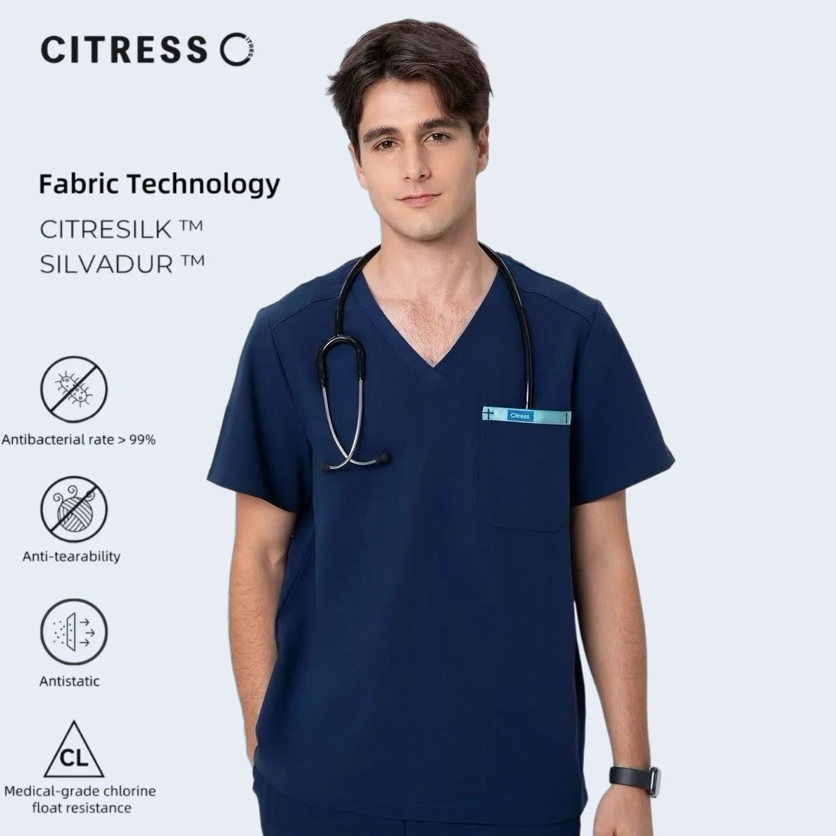 Men's V-Neck Navy Scrub Top — Premium Stretch & Wrinkle-Resistant Fabric