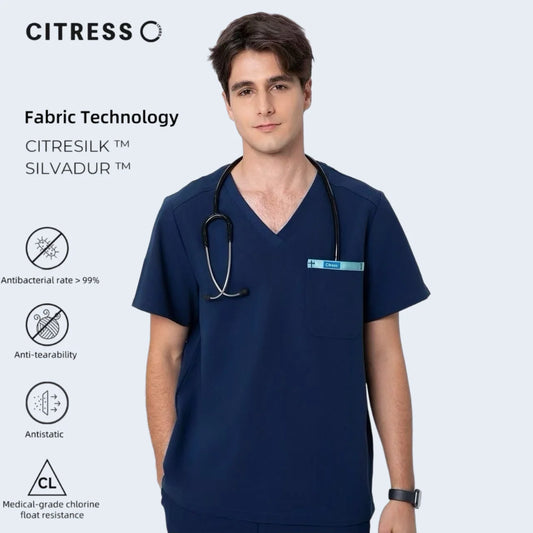 Men's V-Neck Navy Scrub Top — Premium Stretch & Wrinkle-Resistant Fabric