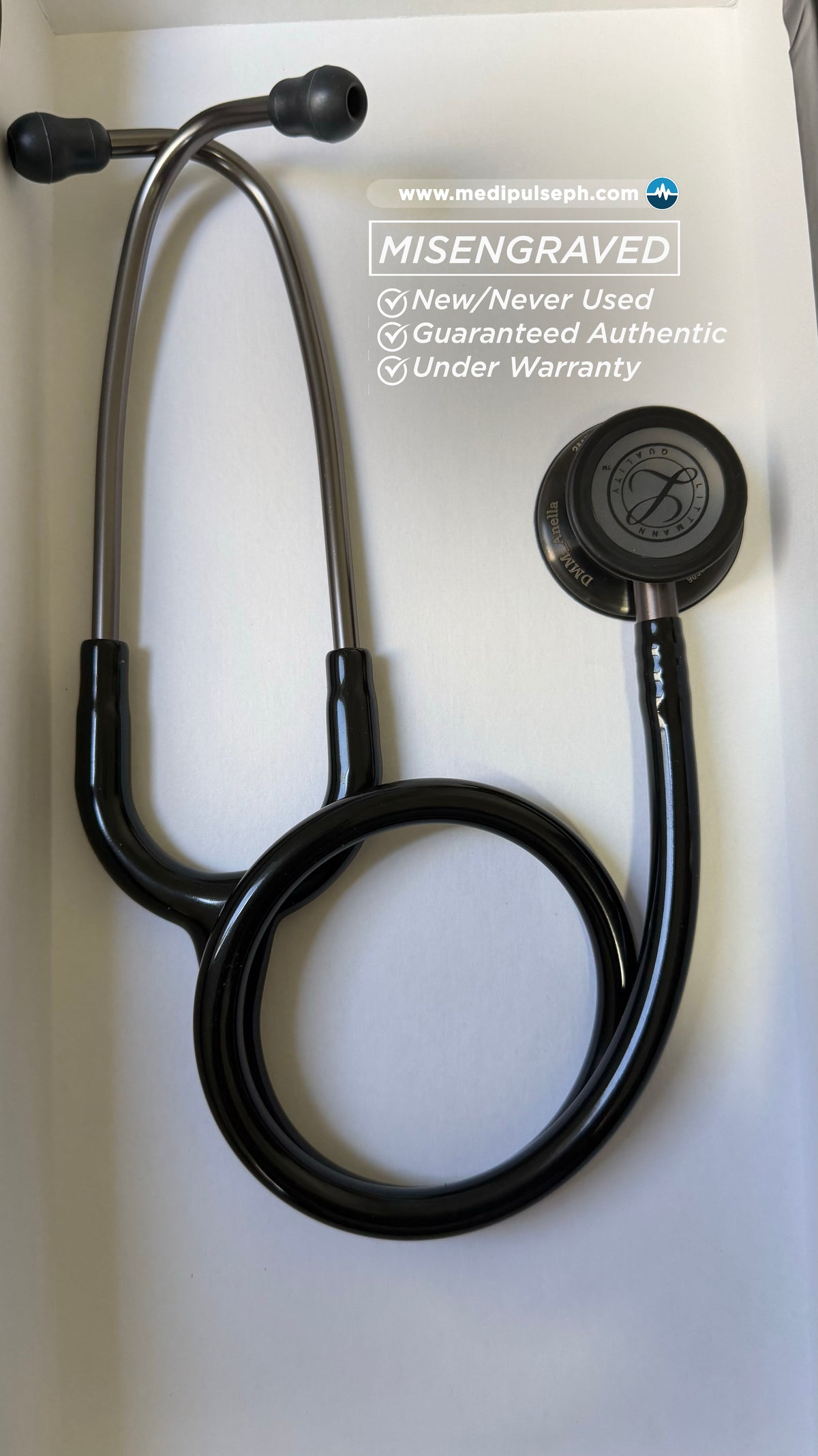 MISENGRAVED- BRANDNEW #5811 3M™ Littmann® Classic III™ Monitoring Stethoscope, Smoke-Finish, Black Tube, 27 inch