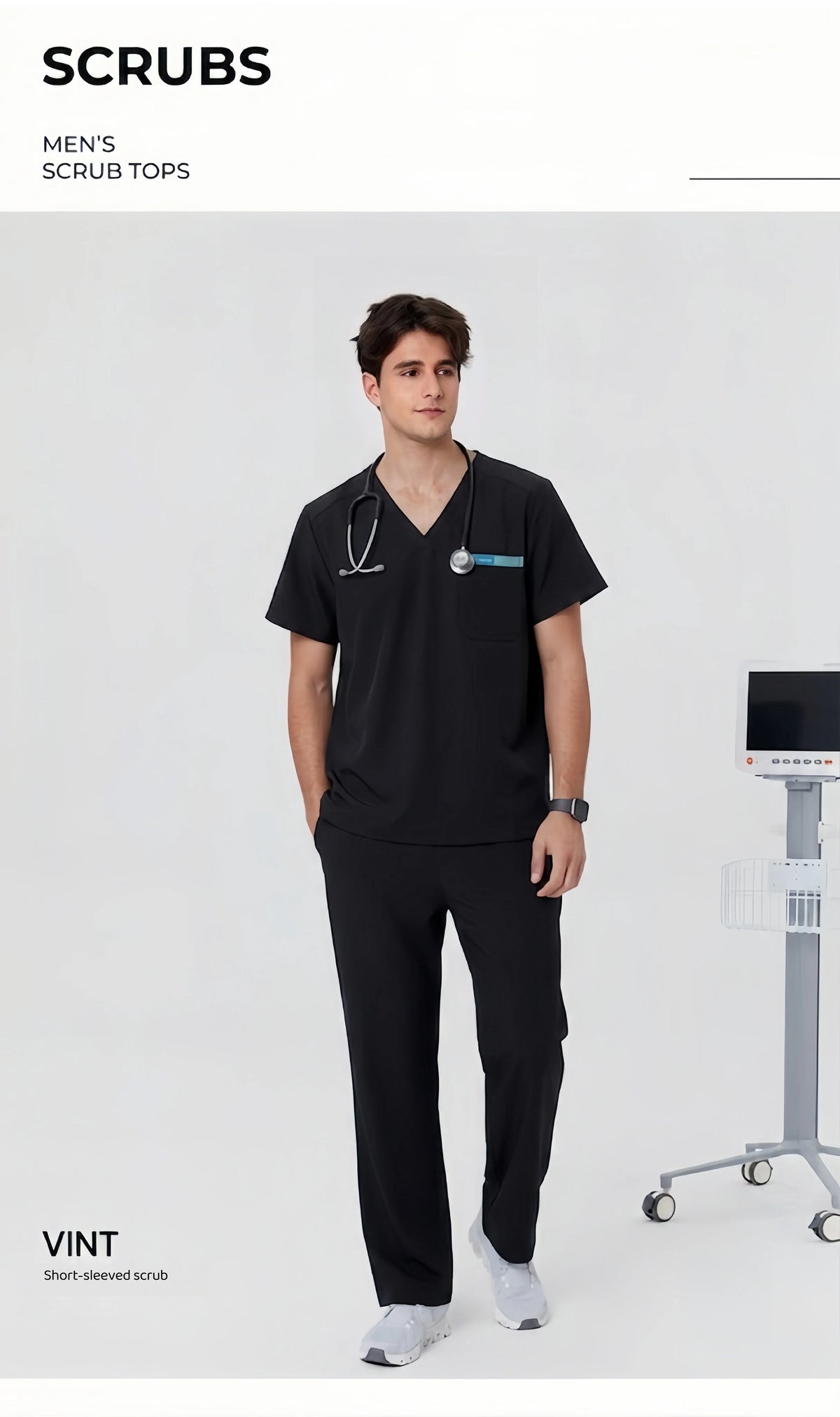 Men's V-Neck Black Scrub Top — Premium Stretch & Wrinkle-Resistant Fabric