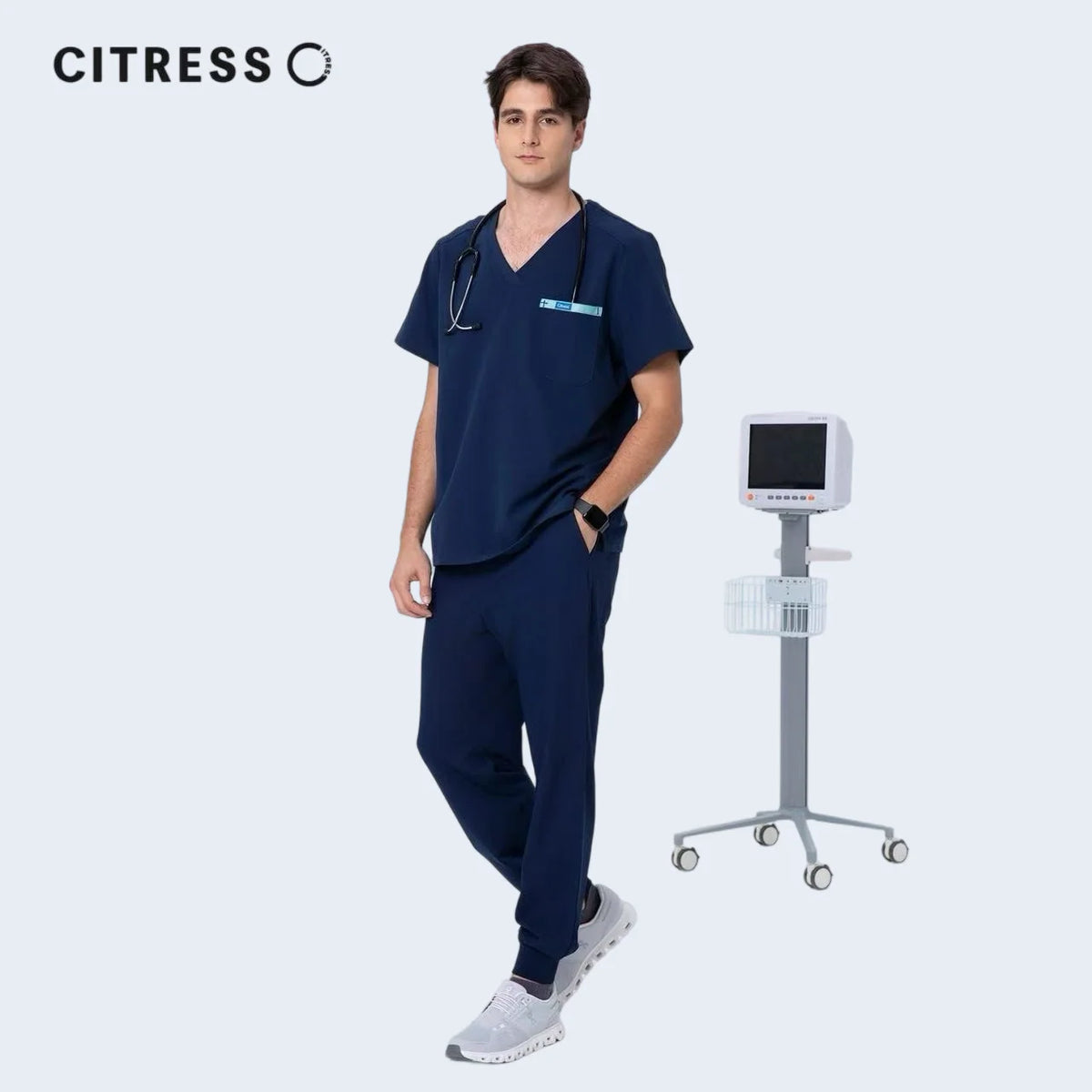 Men's V-Neck Navy Scrub Top — Premium Stretch & Wrinkle-Resistant Fabric