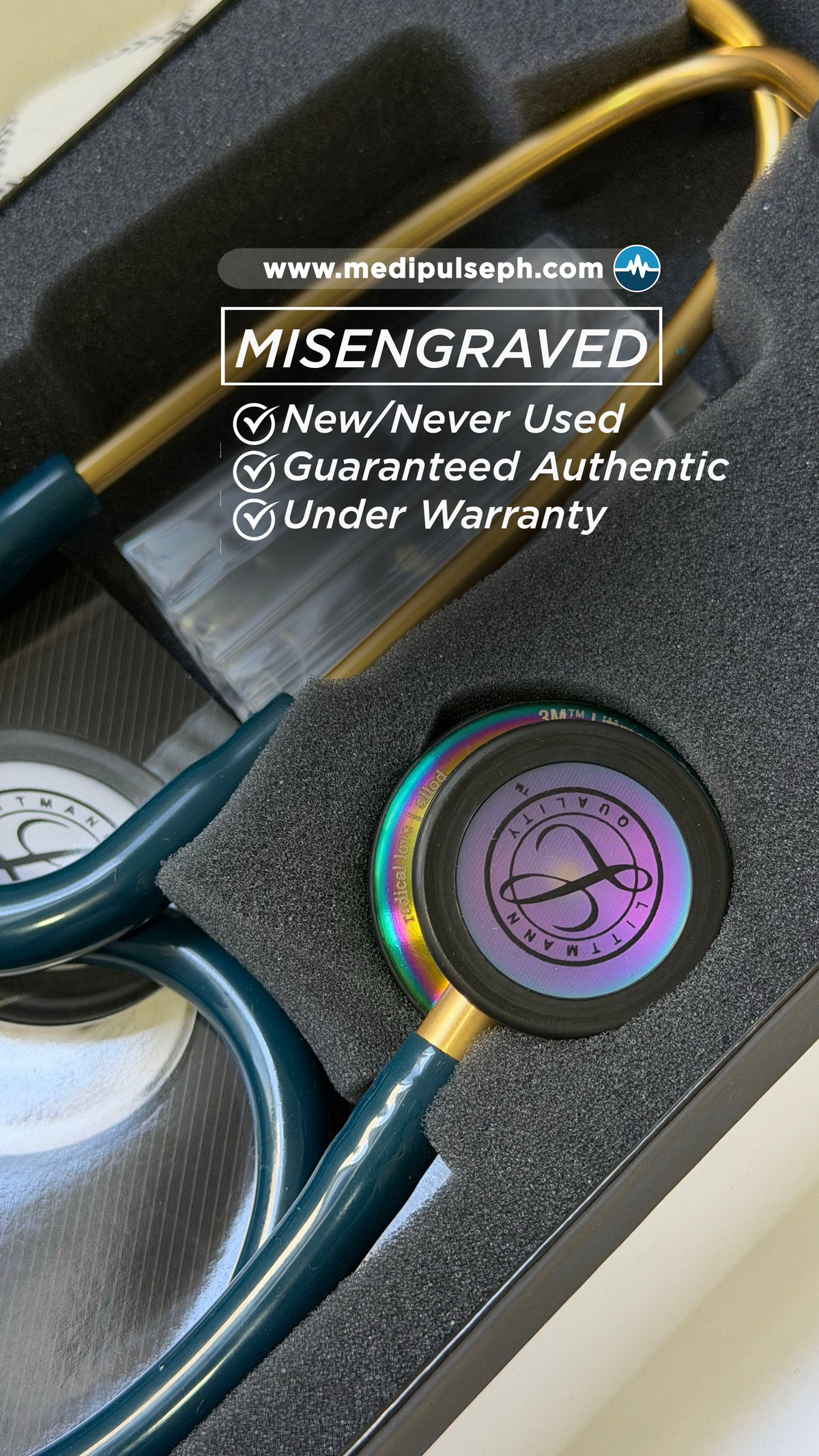 MISENGRAVED- BRANDNEW #5807 3M™ Littmann® Classic III™ Monitoring Stethoscope, Rainbow-Finish, Caribbean Blue Tube, 27 inch